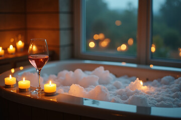 A wine glass with a pink beverage on the edge of a bubble-filled bath, surrounded by multiple glowing candles next to a window in a warm, inviting setting.