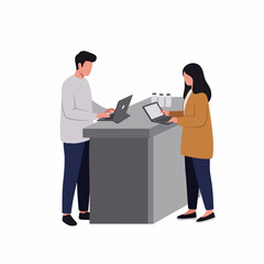 Minimalist Flat Illustration of Coworking Space with People Using Laptop