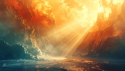 Fiery landscape illuminated by celestial light
