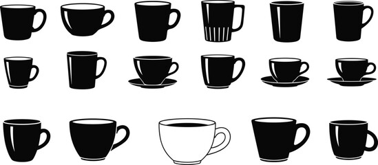 Coffee, tea cup, mugs, and glassware black silhouettes with various forms and shapes vector illustration graphic resources
