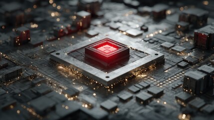 Detailed close-up view of a complex circuit board, highlighting a central processing unit with a glowing red component.