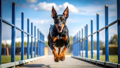 Doberman agility course athleticism demonstration through blue painted barriers