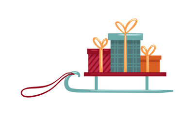 A charming sleigh filled with colorful festive gifts, ready for joyous winter celebrations. This whimsical vector illustration captures the spirit of holiday gatherings and cheerful festivities.
