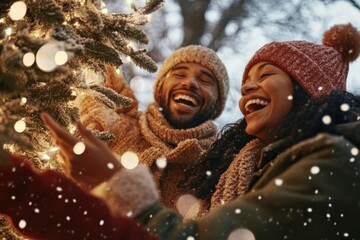 Joyful couple decorating christmas tree together in winter