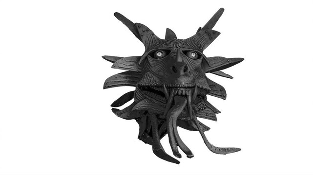 Front view medium shot of grey dragon head moving from left to right 2d seamless looped animated video