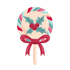 A vibrant, colorful Christmas lollipop adorned with holly and a cheerful bow tie, bursting with festive charm and glossy highlights.