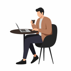 Flat Style Man Sitting at Cafe Table Working on Laptop