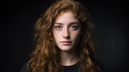 Fototapeta premium Portrait of a Young Woman with Beautiful Curly Red Hair Against a Dark Background