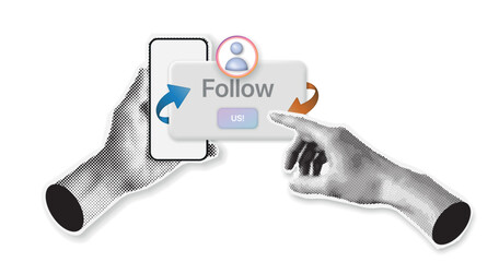 Halftone Collage Hands with Smartphone and Follow Button Social Media Concept