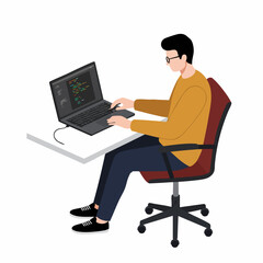 Flat Illustration Programmer Working on Laptop at Adjustable Standing Desk