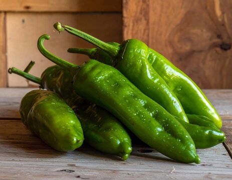 Fresh green peppers on a rustic wooden surface