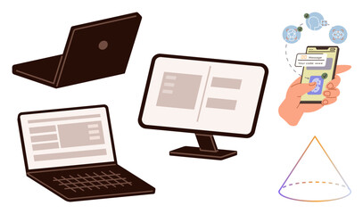 Computers, smartphone conducting online payment, abstract geometric shapes. Ideal for technology, finance, digital communication, e-commerce, education workplace and innovation concepts. Simple