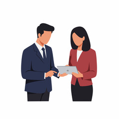 Flat Illustration Business People Discussing Documents and Digital Tablet Together