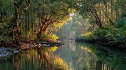 A tranquil waterway winds through a lush, sunlit forest, showcasing the vibrant green canopy and reflections on the calm water.
