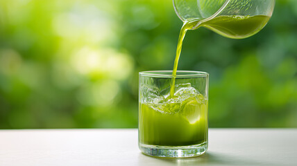 グラスに抹茶ドリンクを注ぐ瞬間