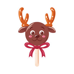 A chocolate lollipop shaped like a festive reindeer face, with pretzel antlers and a glossy candy nose, cute and whimsical for holiday branding.