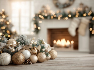 Kompozycja świątecznych ozd&oacute;b w złotej i białej kolorystyce na drewnianym blacie, z rozmytym tłem kominka, światełek choinkowych i dekoracji.