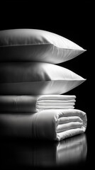 Elegancka, monochromatyczna fotografia stosu nieskazitelnie białej, złożonej pościeli, oświetlonej bocznym światłem na głębokim, czarnym tle. Idealna kompozycja.