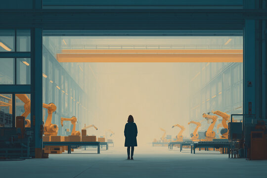 Lone Human Among Factory Robots Illustration