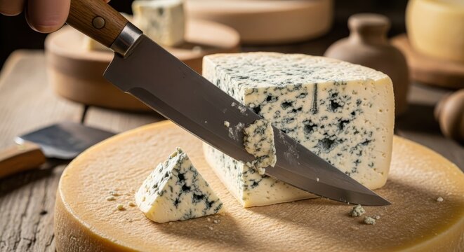 Artisanal cheese selection preparation with a sharp knife on a rustic wooden surface showcasing - Powered by Adobe