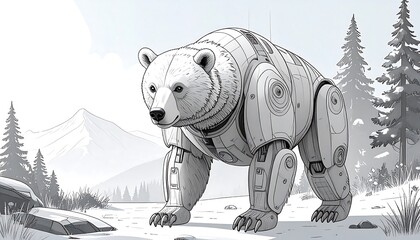 Steampunk bear in a snowy landscape