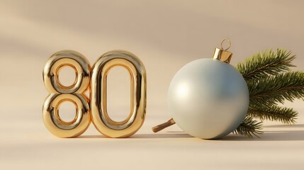Golden number 80 next to a blue Christmas ornament and pine branch on a light background. Ideal for holiday celebrations and milestone events.