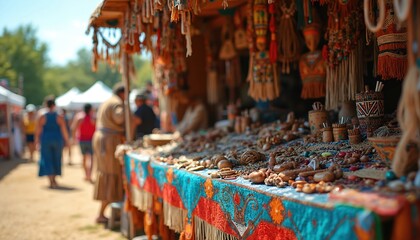 Traditional Native American powwow vendor booth displays diverse handmade crafts, jewelry, textiles. Indigenous artistry shines through beadwork, pottery, textiles, reflecting rich heritage,