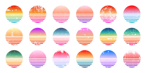Grunge vintage colorful sunset. Striped gradient sunrise badges in 80s and 90s style. Sun and ocean view, summer vibes, surfing. Design element for print, logo or t-shirt. Vector illustration