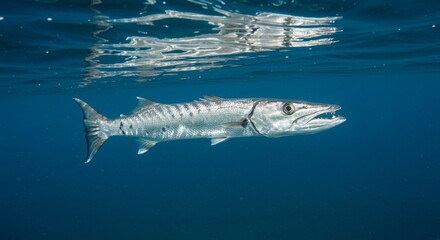 Naklejka premium Underwater View of a Great Barracuda Swimming Near the Surface