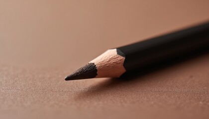 Close-up of dark brown eyebrow pencil against warm brown background. Perfect tool for eye makeup. Eyeliner for stylish woman. Refined look, emphasizing eye beauty.