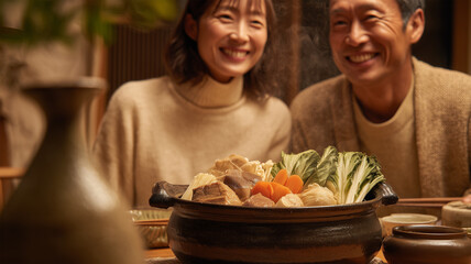 夫婦が鍋料理を囲んで温かい夕食時間