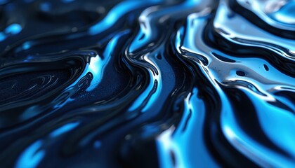 Abstract blue and black liquid metal flows with shiny, glossy surface. Dynamic fluid texture shows smooth waves and ripples, creating elegant, modern design with vibrant colors and metallic sheen.