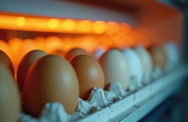 Eggs in incubator under warm light. Poultry farming, chicken reproduction and growth. Bird egg hatching industry, food production. Selective focus on brown and white eggs in a row on tray.