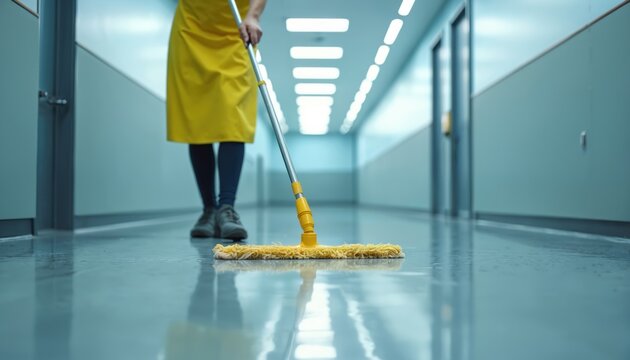 Janitor in yellow apron mops shiny floor in long corridor with bright lights. Worker ensures hygiene, cleanliness in facility. Pro maintenance for spotless environment. Hard-working employee
