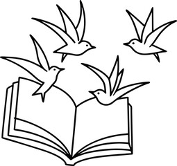 open book flying birds illustration on transparent background