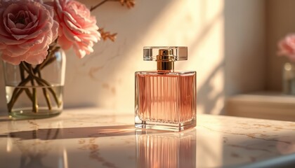 Elegant glass perfume bottle with pink liquid rests on marble vanity. Soft morning sunlight casts gentle shadows. Delicate pink roses in vase nearby complement luxurious floral fragrance display.
