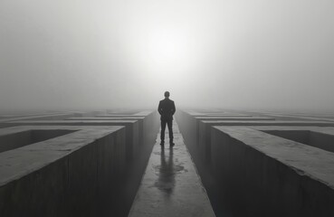 Man in suit stands in foggy maze. Businessman faces path choice, contemplating future, career challenges. Solitude, mystery define this symbolic journey of leadership strategy, planning for success.