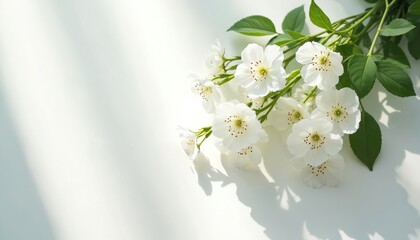Delicate white flowers with green leaves cast soft shadows on a bright white surface. This serene close-up showcases nature beauty with a simple, elegant arrangement, perfect for gentle, airy designs.