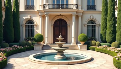 Elegant mansion facade features central tiered fountain, manicured topiaries, symmetrical columns, vibrant flower beds. Classic architectural beauty represents sophistication, luxury living, formal