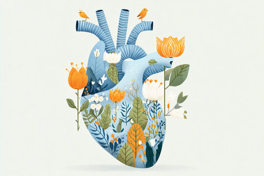 Heart surrounded by leaves and flowers illustration