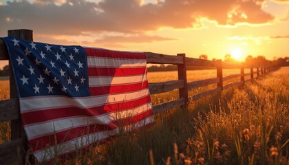 American flag draped over wooden fence in field during golden hour sunset. Rural countryside scene evokes patriotism, festive spirit of Independence Day celebrations. Warm colors, serene landscape,