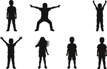 Black silhouette set of children posing and playing, including boys and girls with their arms raised, isolated on a white background