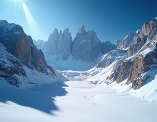 Majestic rugged mountain peaks ascend a pristine snow-covered landscape under a clear blue sky. This serene winter scene captures a vast, cold wilderness with dramatic rock formations and ice fields.