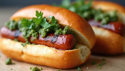 Argentine choripan features grilled chorizo sausage in soft bread roll. Topped with tangy chimichurri sauce, parsley, garlic, vinegar creating a juicy, lemony flavor profile. Popular street food.
