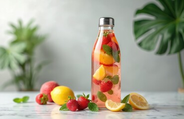 Refreshing infused water bottle with fresh fruit and mint. Healthy drink with strawberries, peach, lemon slices, mint leaves. Natural beverage for detox, weight loss. Summer homemade cool drink.