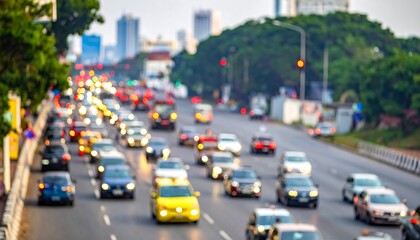 A blurry image of a highway filled with cars, showcasing urban sprawl with trees and buildings in the distance