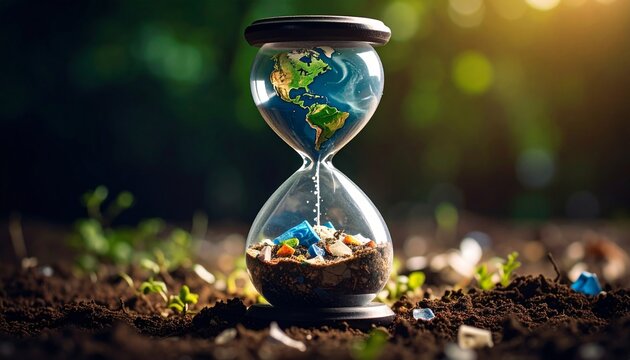 Hourglass Encapsulating a World Burdened by Waste, A Stark Reminder of Time Running Out for Environmental Preservation