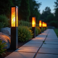 Modern pathway lights cast warm glow on garden walkway at twilight. Tall, dark fixtures with amber illuminated panels featuring tree silhouettes line stone path. Soft light creates serene, inviting