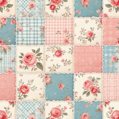 Seamless vintage style patchwork pattern. Pink roses, other flowers on checkered fabric, cream, light blue, pink solid colors. Shabby chic quilt texture, gentle pastel shades for decor.