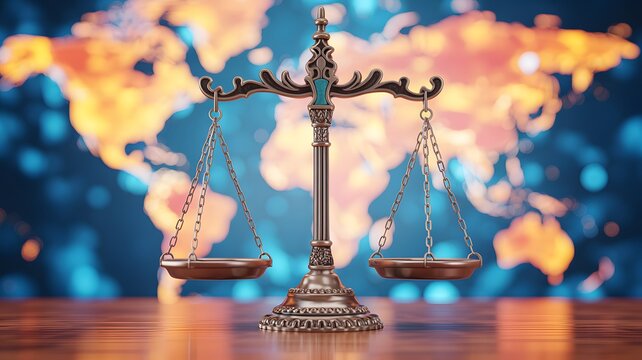 A golden balance scale stands on a world map highlighting continents with blue and orange lights, symbolizing global justice and equality.